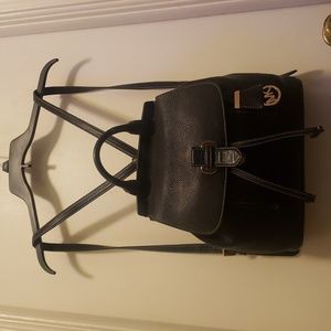 Michael Kors Black Pebbled Leather Flap Bucket Backpack Purse